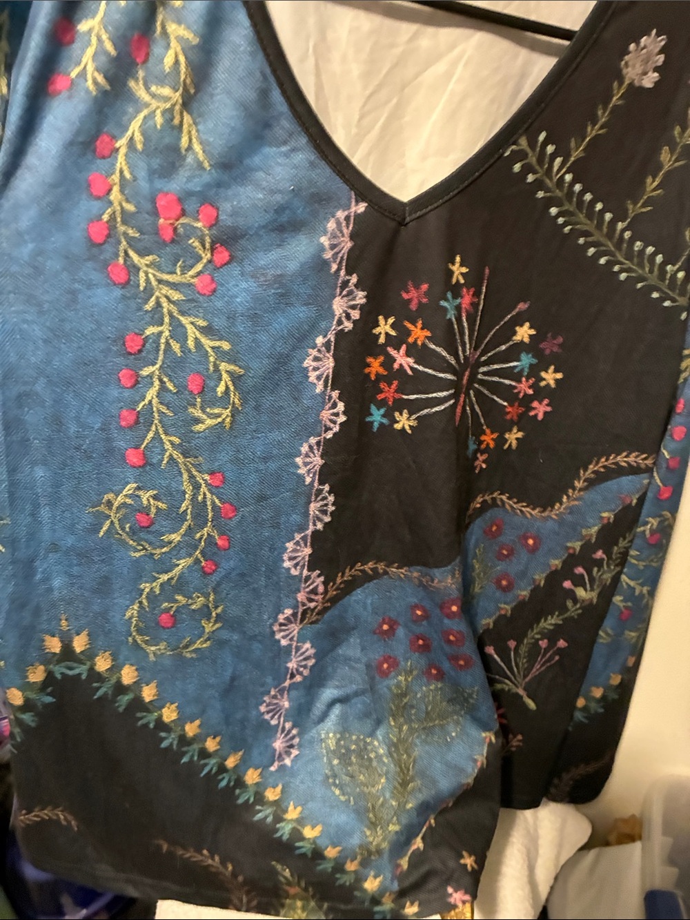 Boho Embroidered V-Neck Long-Sleeve Top - Blue & Black - Picture 3 of 5